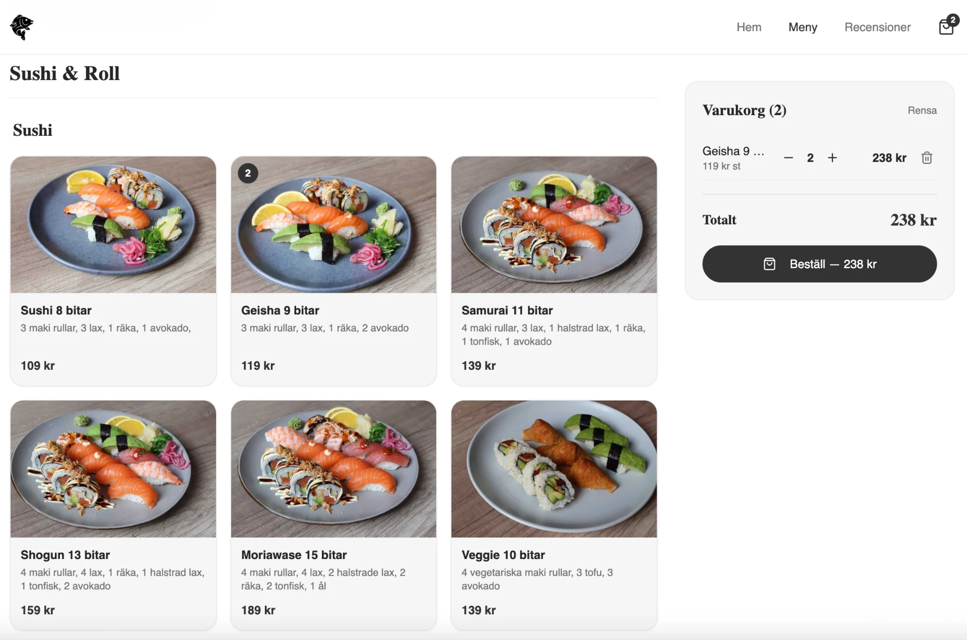 Exempel på hemsida med digitala beställningar och varukorg