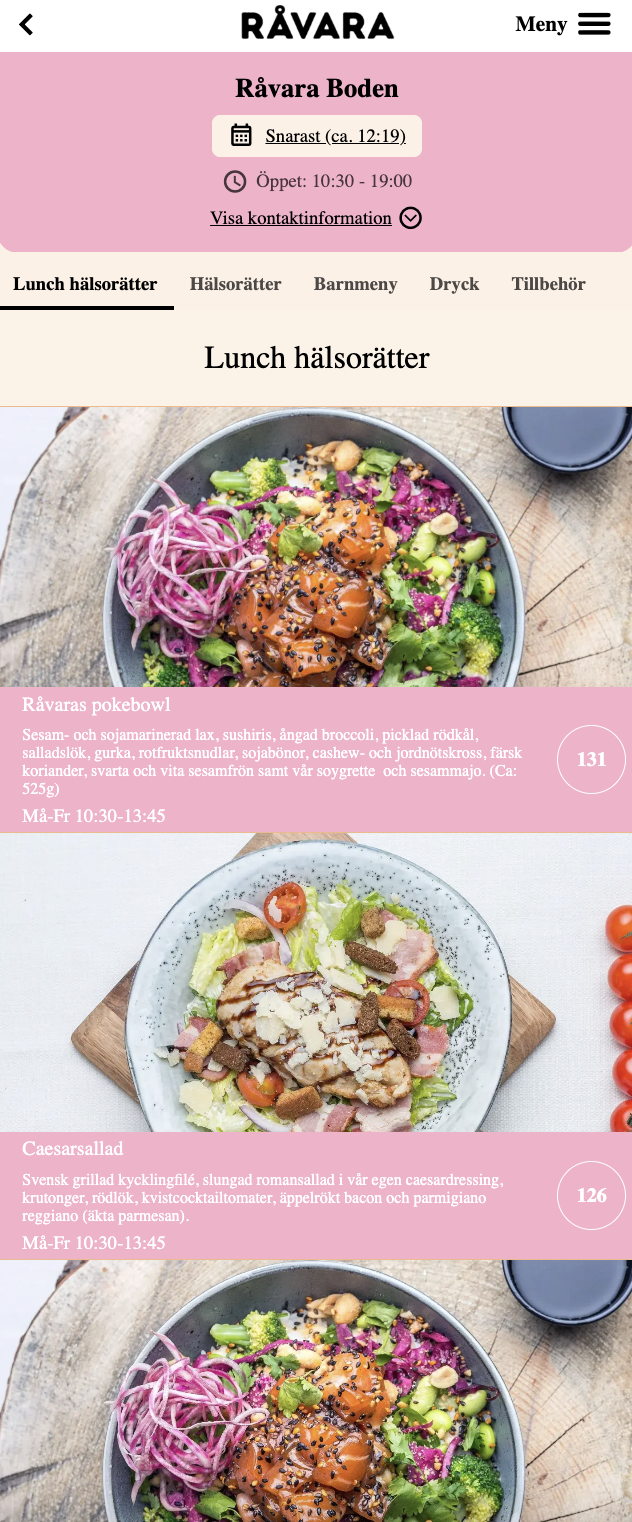 Exempel på gästapp med meny och lunchrätter